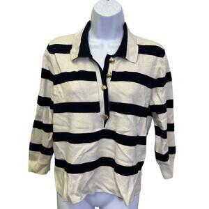 ⚓ Talbots L Navy Ivory Stripe Polo Sweater Knit Top Modern Prep Nautical Classic